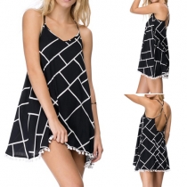 Sexy Backless Tassel Hem Printed Cami Dress