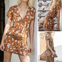 Fashion Sweet Flower Printed V-neck Short Sleeve Dress