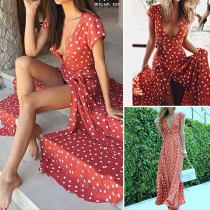 Fashion Sexy Dots Printed Deep V-neck Short Sleeve Side 