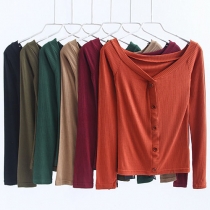 Fashion Retro Sexy Solid Color Off Shoulder Long Sleeve Button Slim Fit Tops 