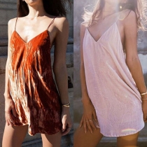 Fashion Sexy All-match Solid Color Deep V-neck Backless Flocking Sling Dress 