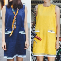 Fashion Casual Color Spliced Round Neck Sleeveless Tassel Dress 