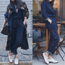 Fashion Unique Solid Color Long Sleeve Denim Jumpsuits 