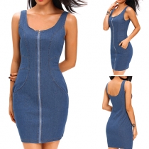 Sexy Backless Sleeveless Round Neck Slim Fit Denim Dress