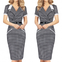 OL Style Short Sleeve Lapel Slim Fit Plaid Pencil Dress