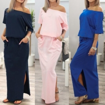 Sexy Oblique Shoulder Slit Hem Short Sleeve Solid Color Maxi Dress