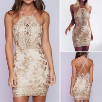 Fashion Sexy Gauze Hollow Out Sleeveless Cross Backless Sheath Dress 