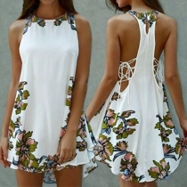 Fashion Elegant Floral Printed Sleeveless Irregular Hemline Tank Dress 