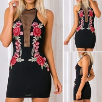 Fashion Sexy Floral Printed Sleeveless Gauze Sheath Dress 