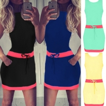 Fashion Sexy Spliced Sleeveless Bowknot Mini Bodycon Dress 