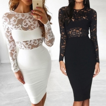 Fashion Elegant Solid Color Lace Spliced Round Neck Long Sleeve Sheath Dress 