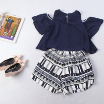 Sexy Off-shoulder Round Neck Top + High Waist Printed Shorts Two-piece Set