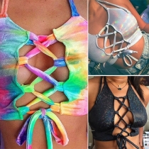 Sexy Backless Hollow Out Lace-up Colorful Printed Crop Top