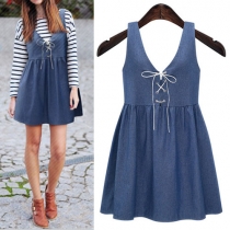Sexy Backless Lace-up V-neck Sleeveless Denim Dress
