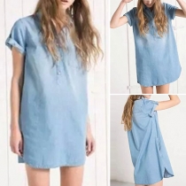 Fashion Short Sleeve POLO Collar Denim Shirt Dress