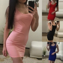 Fashion Solid Color Sleeveless Round Neck Slim Fit Tank Dress