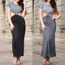 Sexy Hollow Out High Waist Striped Spliced Maxi Dress