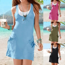 Fashion White Tank Top + Sleeveless Round Neck Solid Color Dress Two-piece Set