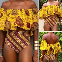 Sexy Off-shoulder Ruffle Bikini Top + High Waist Briefs Printed Bikini Set