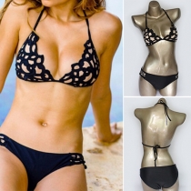 Sexy Contrast Color Hollow Out Spliced Lace-up Halter Bikini Set