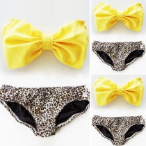 Sexy Bowknot Bandeau Bra + Leopard Print Briefs Bikini Set