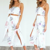 Sexy Backless Cami Top + High Waist Slit Hem Wide-leg Pants  Printed Two-piece Set