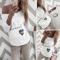 Fashion Letters Printed Long Sleeve Round Neck T-shirt