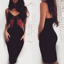 Sexy Backless V-neck Slim Fit Embroidered Sling Dress