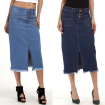 Fashion High Waist Slit Hem Denim Skirt