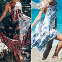 Sexy Backless Slit Hem Printed Sling Maxi Dress