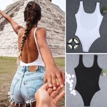 Sexy Backless Sleeveless Round Neck Solid Color Bodysuit