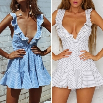 Sexy Backless Deep V-neck Sleeveless Striped Dress