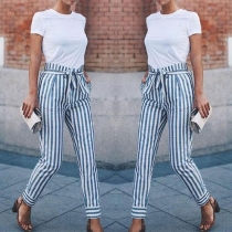 Fashion Lace-up High Waist Slim Fit Striped Casual Pants