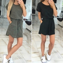Fashion Solid Color Short Sleeve Round Neck Elastic Waist Dress