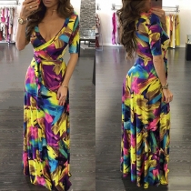 Sexy Deep V-neck Half Sleeve High Waist Printed Maxi Dress