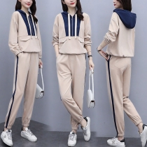 Fashion Contrast Color Half Sleeve Sweatshirt + High Waist Pants Sports Suit