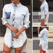 Fashion Long Sleeve POLO Collar High-low Hem Denim Shirt Dress