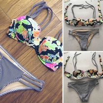 Sexy Printed Spliced Striped Bikini Set