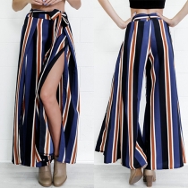 Sexy Slit Hem Lace-up High Waist Striped Wide-leg Pants