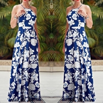Sexy Off-shoulder Printed Halter Maxi Dress