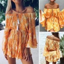 Sexy Off-shoulder Boat Neck Trumpet Sleeve Printed Dress