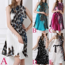 Fashion Sleeveless Mock Neck Printed Pleated Dress