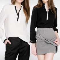 Fashion Contrast Color Long Sleeve V-neck Chiffon Blouse