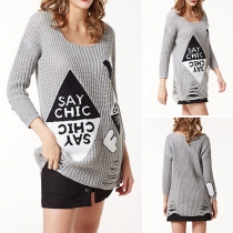 Fashion Contrast Color Letters Printed Long Sleeve Round Neck Ripped Sweater