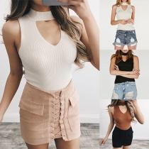 Fashion Solid Color Sleeveless Hollow Out Mock Neck Slim Fit Knit Top