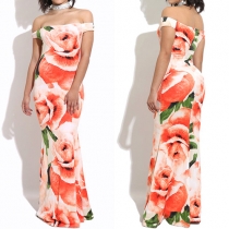 Sexy Off-shoulder Boat Neck Rose Printed Evening Dress