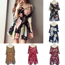Sexy Off-shoulder Short Sleeve V-neck Printed Chiffon Dress