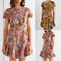 Sexy Backless Short Sleeve Round Neck Ruffle Hem Printed Dress