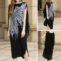Bohemian Style Lotus Sleeve Round Neck Irregular Hem Printed Dress