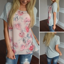 Fashion Printed Spliced Short Sleeve Round Neck Striped T-shirt